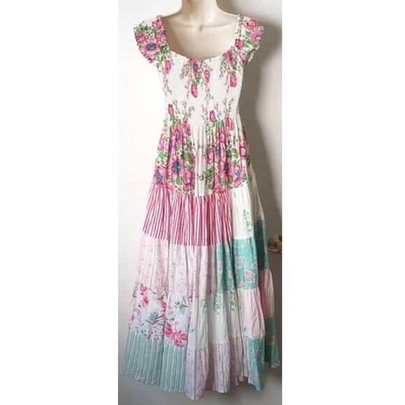 Positano Smocked Cotton Flounce Midi Dress OS XS/S Floral Patchwork - Picture 2 of 8